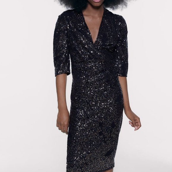 Zara | Dresses | Zara Draped Sequin Midi Dress | Poshmark